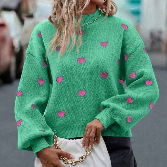 Green Casual Womens Heart Pattern Mock Neck Drop Shoulder Sweater - Picture 4 of 5